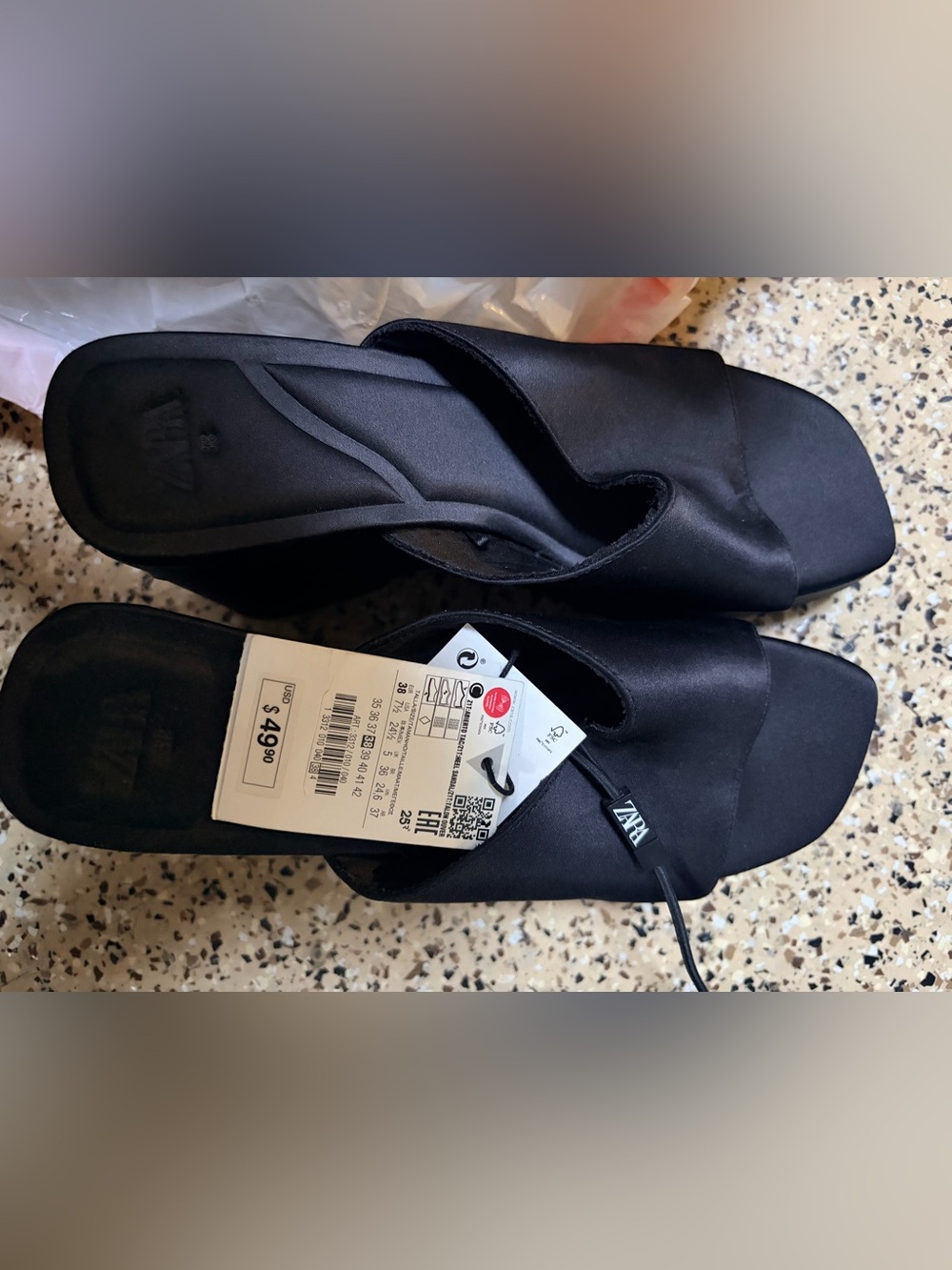 Zara Black Satin Slip-On Mules